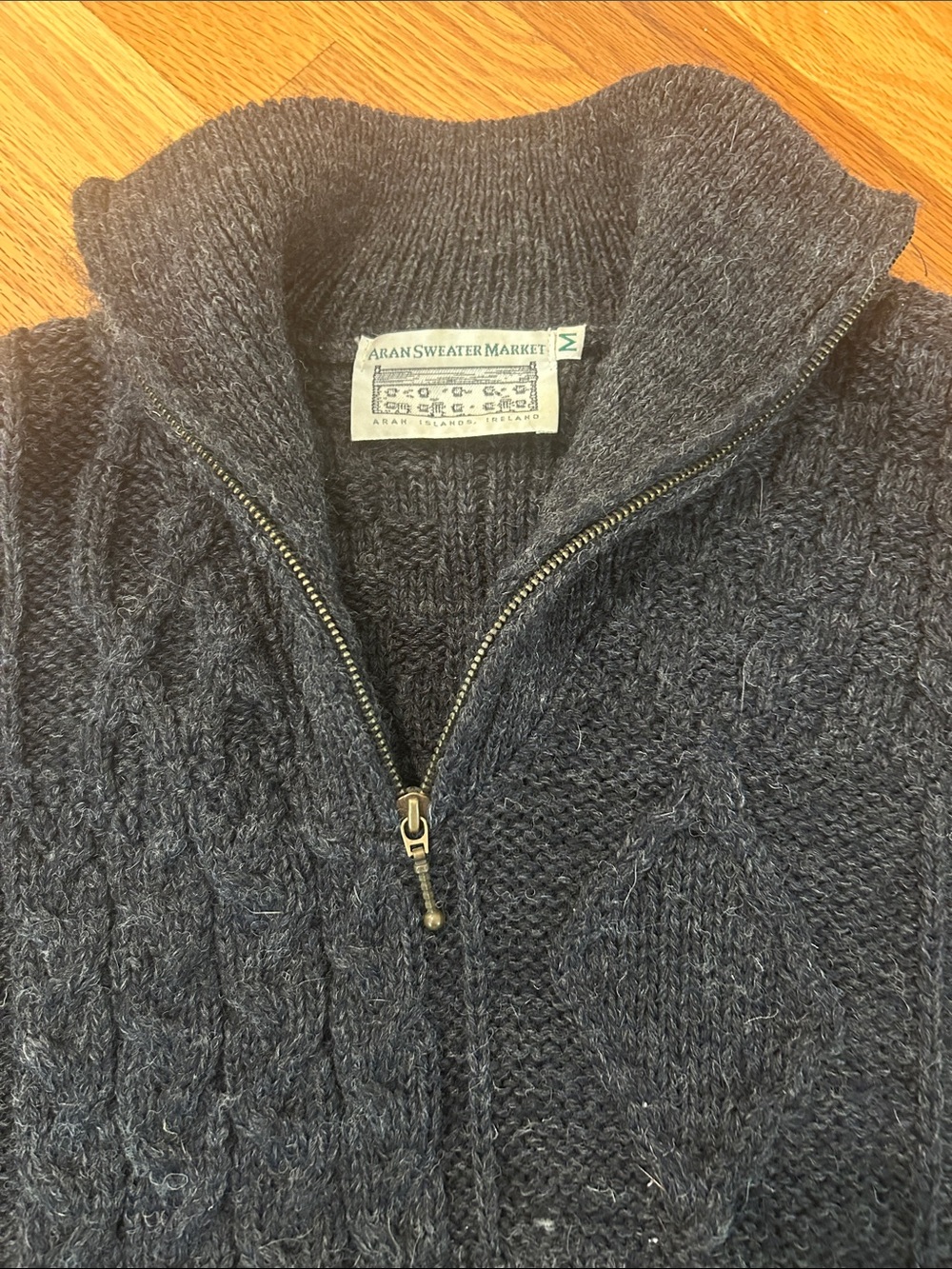 Aran Sweater Market Men's Charcoal Zip-Front Cable Knit Sweater